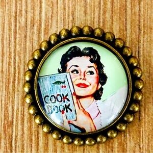 Cookbook Pinup Lady Retro Style Brooch, Handmade, Unworn, NWT